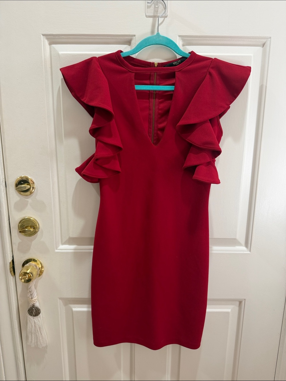 Guess Burgundy Ruffle Sleeve Mini Dress